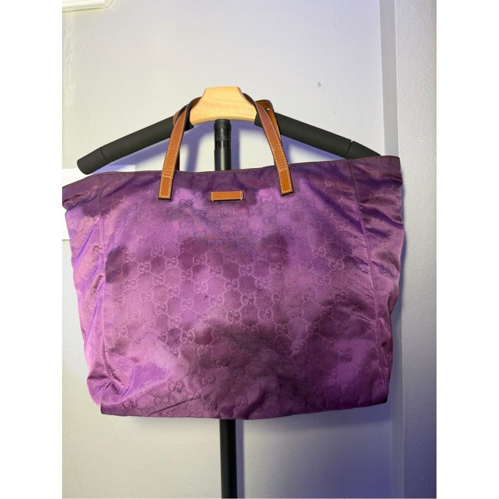 Gucci Purple GG Monogram Tote with Tan Leather Handles with COA